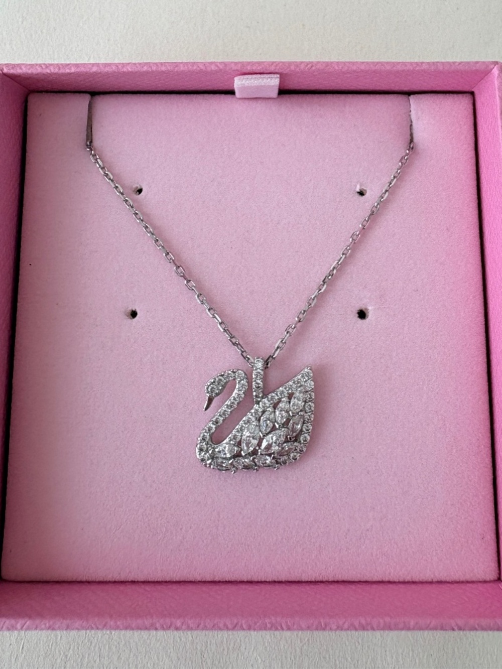 NWOT Swarovski Swan Pendant Necklace Marquise Clear Crystals Rhodium Plated